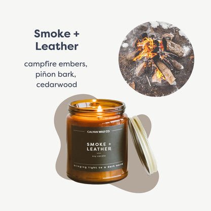 Calyan Wax Co. Smoke & Leather Scented Candle - 57 Hour Burn - Luxury Clean Soy Wax Candles - Long Lasting Amber Glass Jar Candle for Home - 7.2oz