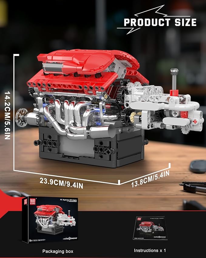 Mould King 10226 Engine Model Kit That Runs- Build Your Own STEM V12 Model Engine with Transmission 12-Cylinder Supercar Engine kit Building Engineering Toys for Adults Collections (863+PCS)