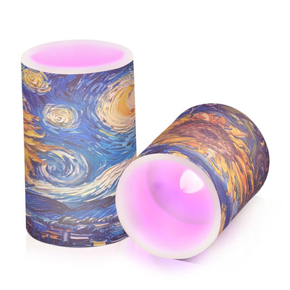 ALAZA Oil Painting Starry Night Sunflower Flickering Flameless Candles Pillar Led Candles Battery Operated Candles with Remote and Timers Set of 2
