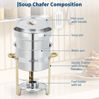 GarveeHome 7QT Round Soup Chafer Sets of 4, Commercial Soup Warmer with Pot, Notched Lids & Fuel Holders, Stainless Steel Food Warmer for Buffets Parties Wedding Banquets Catering, Gold