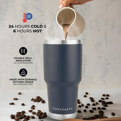 Ezhydrate 30oz Tumbler with Lid - Stainless Steel Vacuum Insulated Coffee Travel Mug, Double Wall, Durable, Leak Proof, BPA Free, Ice Coffee Thermal Cup, Navy Blue