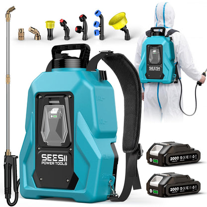 SEESII Backpack Sprayer Battery Powered, Leak-Proof 5-Gallon, Dual Battery Electric Sprayer with Telescopic Brass Wand & 7 Nozzles, 100 PSI Adjustable Pressure for Weed Lawn Garden Pest Control