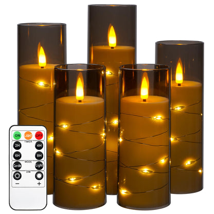 Da by 5 Pack Gray Transparent Acrylic Flameless Taper Candles, Flickering Black Wick LED Candles with Fairy String Lights, Heat Resistant Reusable ABS Candles with Remote for Home Patio Decor