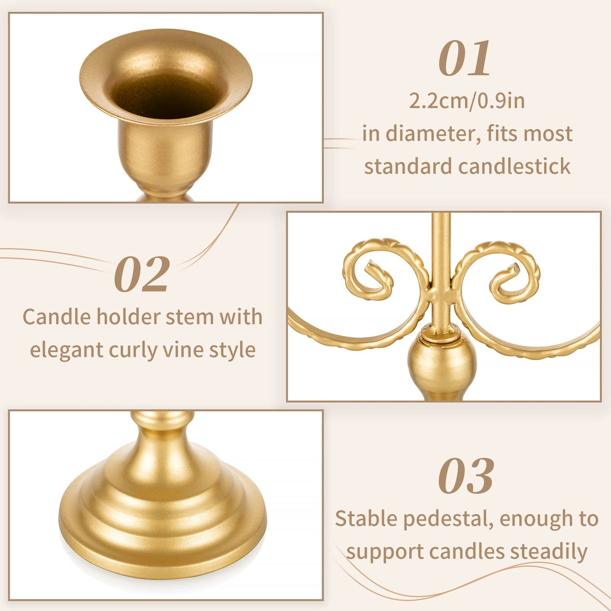 Sziqiqi Gold Taper Candle Holder for Centerpiece - 3-arm Candlesticks Holder for Wedding Table Centerpieces Metal Candle Stick Holders for Fireplace Mantle Set of 6
