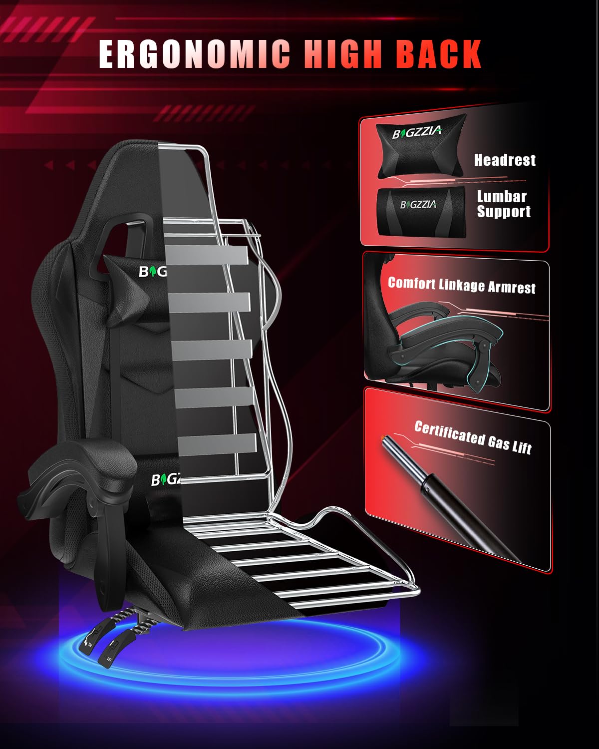 Bigzzia Gaming Chair with RGB LED Lights, High Back Ergonomic Computer Gamer Chair with Headrest and Lumbar Support, Racing Style Reclining Game Chair for Adults, Kids (Black)