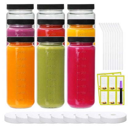 Encheng 16 oz Glass Juice Bottles with Lids,9 Pack Reusable Juicing Bottles Drinking Jars with Lids and Straws,Clear Round Smoothies Cup for Juicing,Kombucha,Water,Milk,Travel