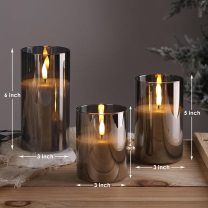 Eywamage Smoke Grey Glass Flameless Pillar Candles with Remote, Flickering LED Battery Candles Table Decor Set of 3