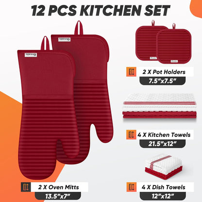 Skiennix Oven Mitts Set - 500°F Heat Resistant Gloves with Silicone Grip & Kitchen Towels | Red