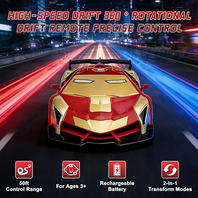 Iron Man Remote Control Car Toy for Boys 2.4Ghz RC Transform Robot Toy 1:18 Scale One-Button Deformation 360°Rotation Car with Underbody Lights Gifts for Boys Age 3 4 5 6 7 8 9 10 11 12