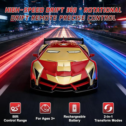 Iron Man Remote Control Car Toy for Boys 2.4Ghz RC Transform Robot Toy 1:18 Scale One-Button Deformation 360°Rotation Car with Underbody Lights Gifts for Boys Age 3 4 5 6 7 8 9 10 11 12