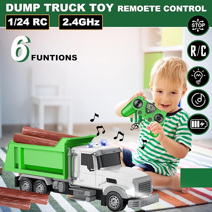 Remote Control Construction Dump Truck Toy RC Vehicle6 Channel Truck Toys with 6 pcs Wood2 Rechargeable Batteries1/24 Scale Dump TrucksBirthday Gifts Ideas for Boys Age 3-8 Year Old