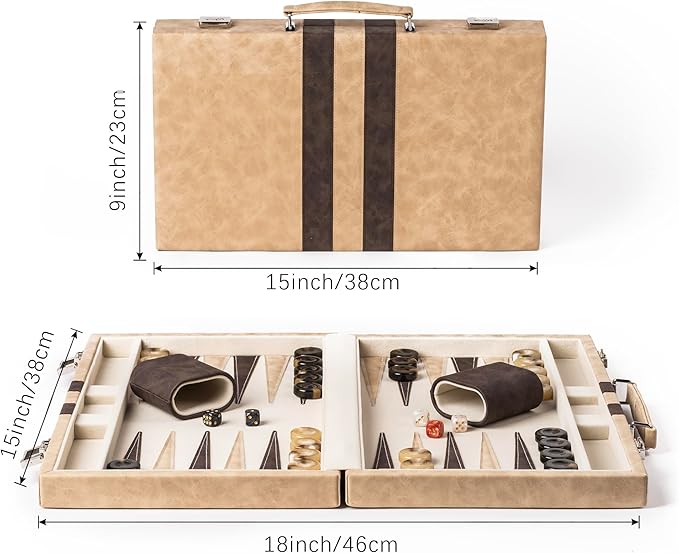 15inch Backgammon Sets for Adults Classic Board Game with Folding Leather Backgammon Case Faux Leather Exterior and Velvet Interior Portable Travel Game Set (Brown)