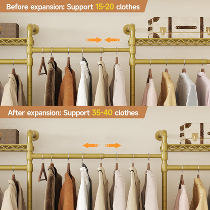 Wall Mounted Garment Rack, Walk-in Closet System with 2 Expandable Rods, 6 Adjustable Shelves, Industrial Pipe Clothing Racks, Hanging Clothes Organizers and Storage, Metal Closet Shelving Gold