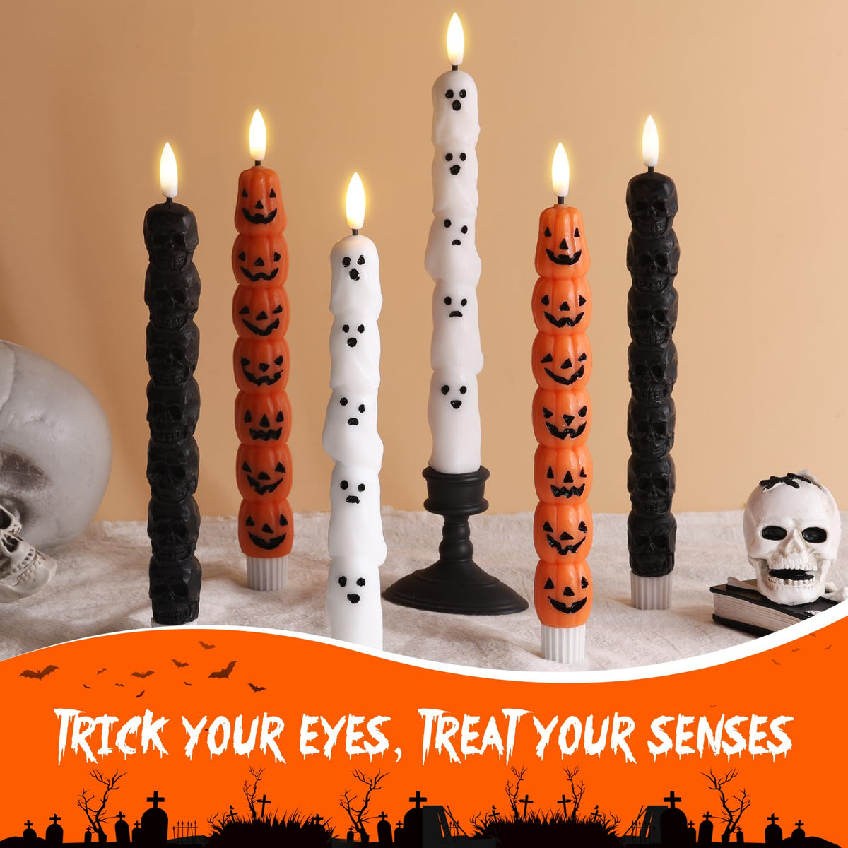 Eywamage Halloween Flameless Taper Candles with Remote, White Ghost LED Candlesticks Battery Operated Flickering Real Wax Set of 2