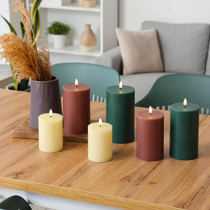 Grinsvalley 6 Pcs Flameless Candles Battery Operated LED Flickering Flameless Pillar Candles with Remote Real Wax Khaki Brown Green Table Decorations for Spring Wedding Home Decor