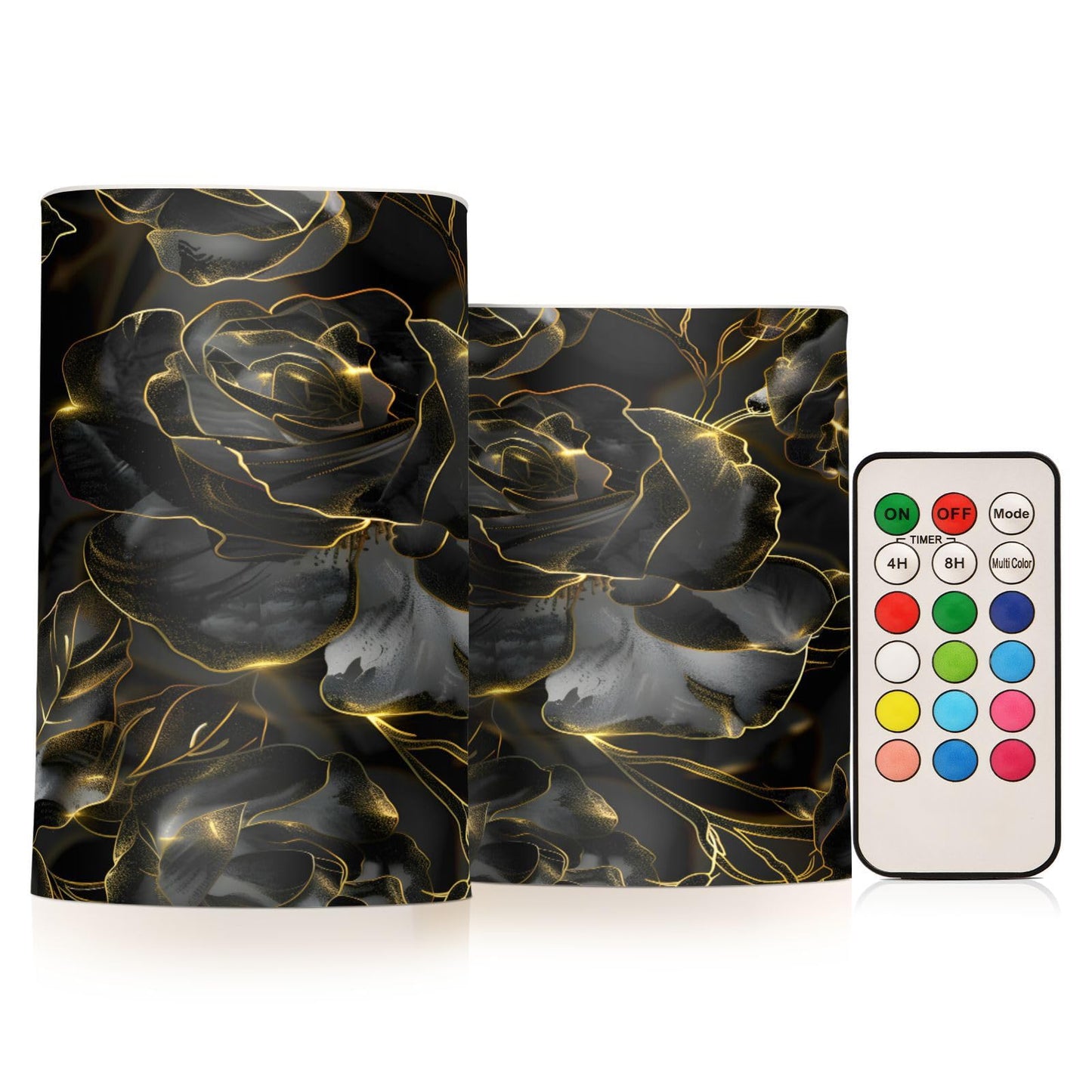 Rose Lights Flameless Candles Glitter Black Roses Pillar Candles Set of 2 Battery Operated Remote Control Warm Lights Home Decor