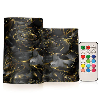 Rose Lights Flameless Candles Glitter Black Roses Pillar Candles Set of 2 Battery Operated Remote Control Warm Lights Home Decor