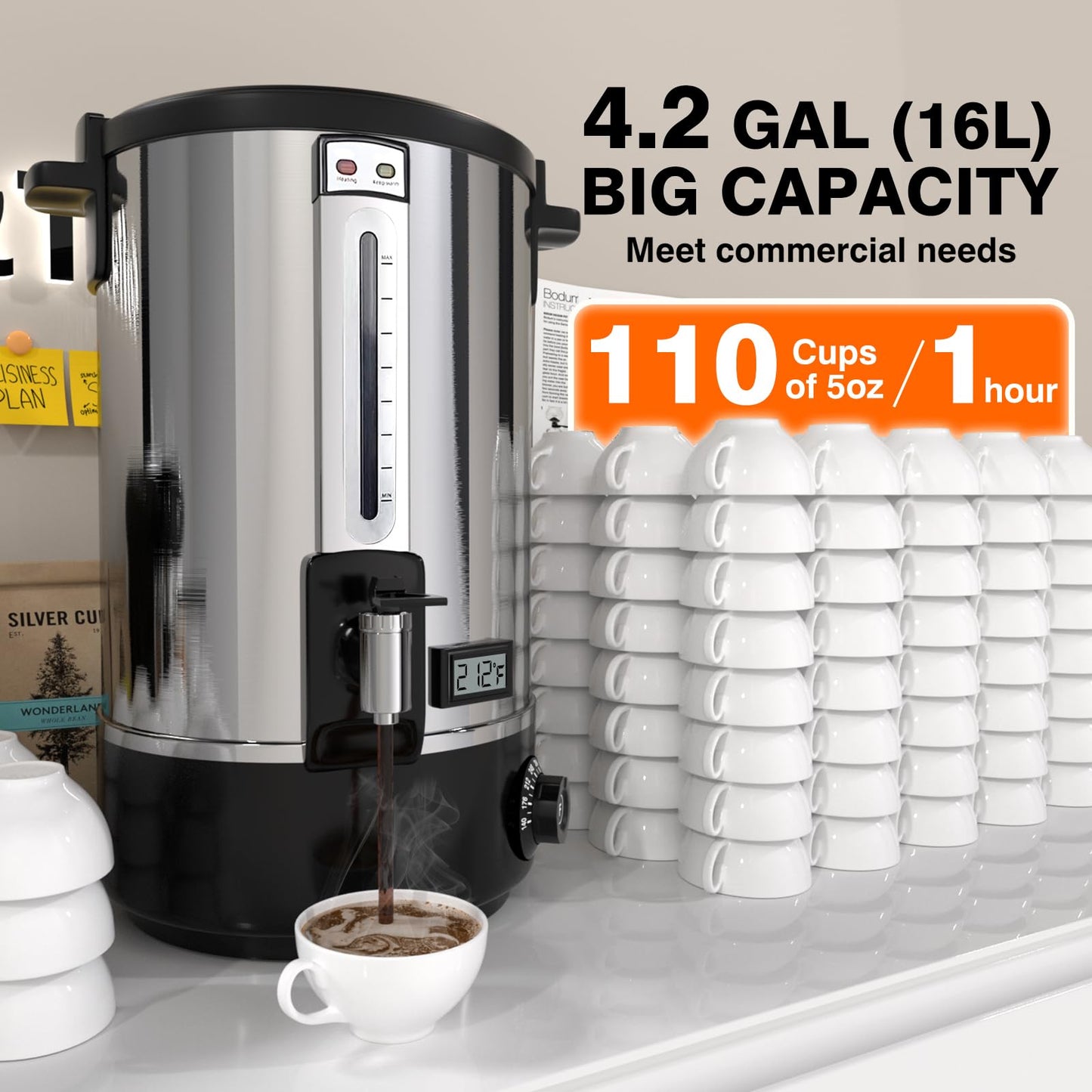 Nalison Commercial Coffee Urn, 110-Cup 16L Fast Brew Stainless Steel Hot Beverage Dispenser with Thermometer-Electric Hot Water Urn for Wedding, Party, Catering Events with Easy Cleaning(Double Wall)