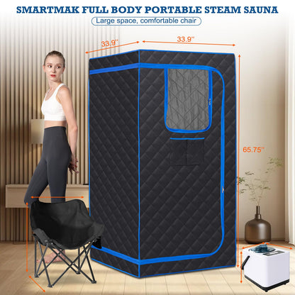 Smartmak Portable Steam Sauna, Full Body Sauna Tent for Home, 1 Person Steam Sauna Box with 660nm Red Light Therapy, 3L&1100W Sauna Steamer, Folding Chair