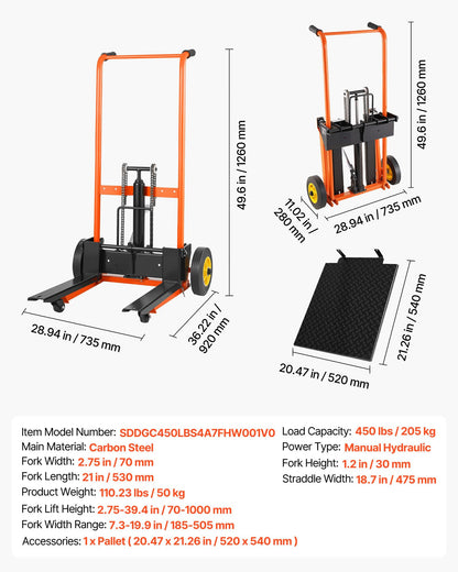VEVOR Hydraulic Material Lift Winch Stacker, 450 lbs Load Capacity, 39.4'' Max Lifting Height, Pallet Truck Dolly with Fork Lift Table, Foldable & Portable Pallet Jack Table Cart, Orange & Black