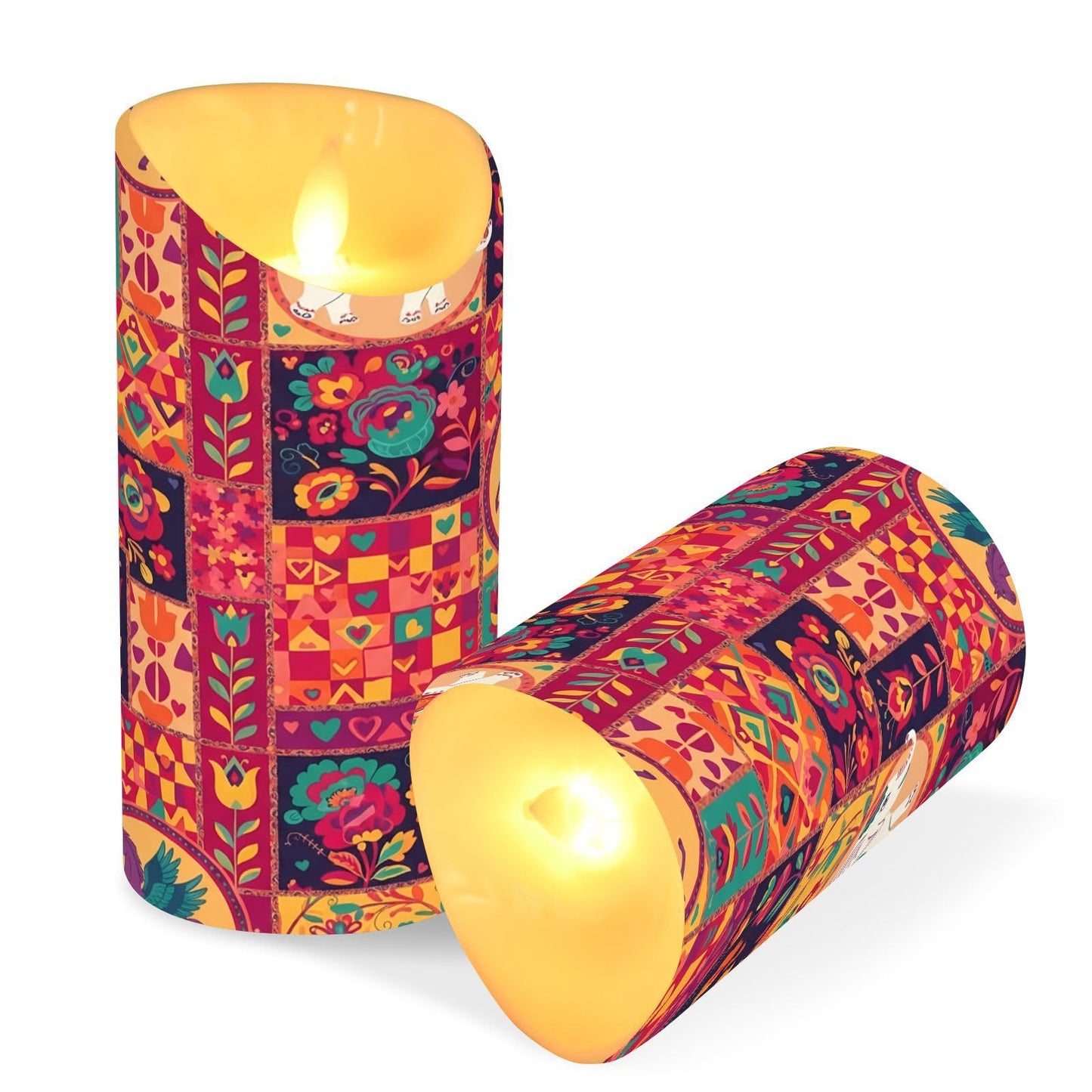 Gravopti Patchwork Animals 2 Pack Flameless LED Pillar Candles with Remote & Timer, Battery Operated, Flickering Wax Candle for Wedding, Romantic Home & Party Decor