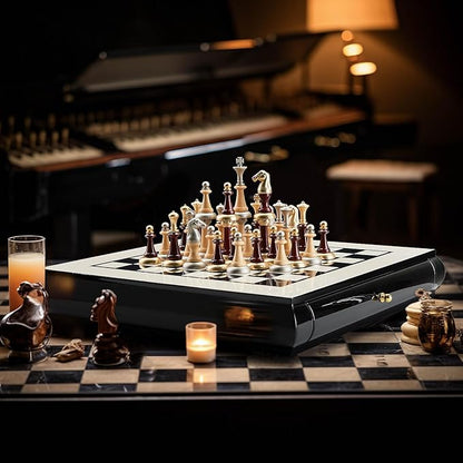 AMEROUS 16 Inches Wooden Chess Set Large Size Board with 2 Built-in Storage Drawers - 2 Extra Queens - Metallic &amp Wooden Chess Pieces - Gift Packaging Board Games for Adults and Kids