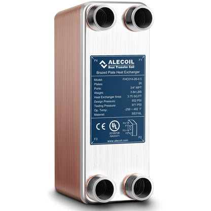 ALECOIL 3"x8" 26 Plates Heat Exchanger with 3/4" MPT Port Water to Water 316L Stainless Steel Brazed Plate Heat Exchanger for Water Heating, Floor Heating, Commercial and Industrial Refrigeration