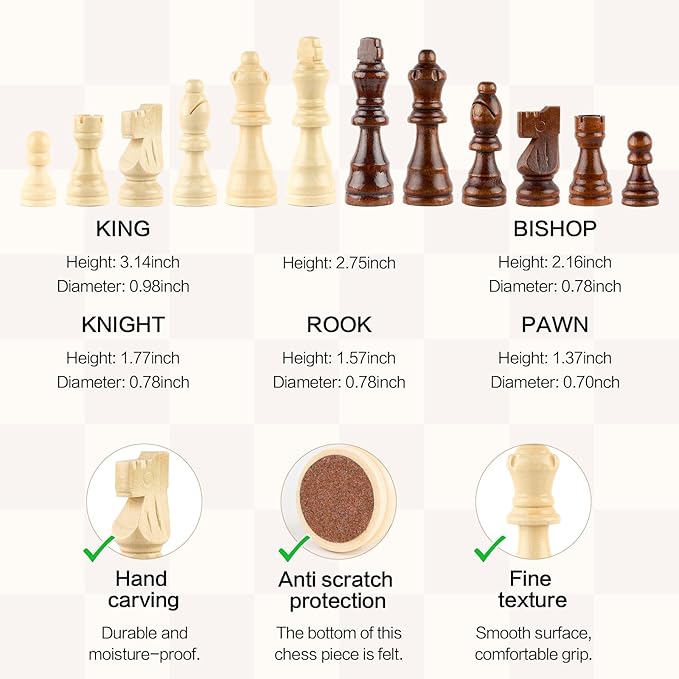 15 Inch Magnetic Wooden Chess Game Set Classic Folding Board Games with Felted Game Board Interior for Storage 2 Extra Queens Pieces Storage Slots