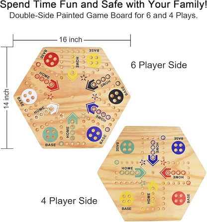 Original Marble Game Wahoo Board Game 16-Inch Double Side Painted Wooden Fast Track Board Game for 6 Player and 4 Player 6 Colors 36 Glass Marbles 8 Dice for Family Game Night Friends Party