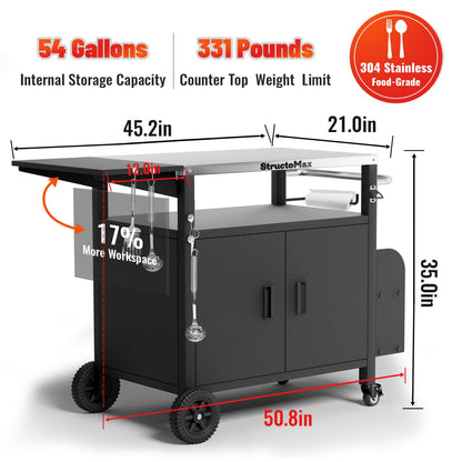 StructoMax XL Outdoor Grill Cart with Cabinet, Extra-Wide Stainless Steel Table Top, Large Spice Rack & Lockable Wheels, Outdoor Kitchen Island Grill Table for BBQ, Cooking & Prep