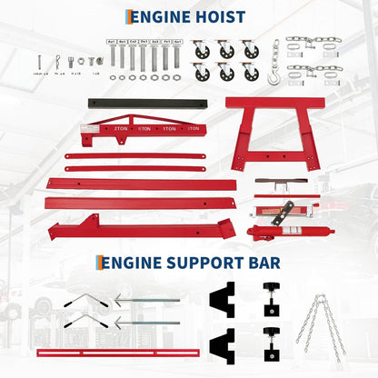 DEXSO Engine Hoist and Engine Support Bar Combo, 2 Ton Folding Hydraulic Engine Crane, 4400 LBS Cherry Picker, 1100 LBS 2 Point Lift Holder Hoist Dual Hooks, Red