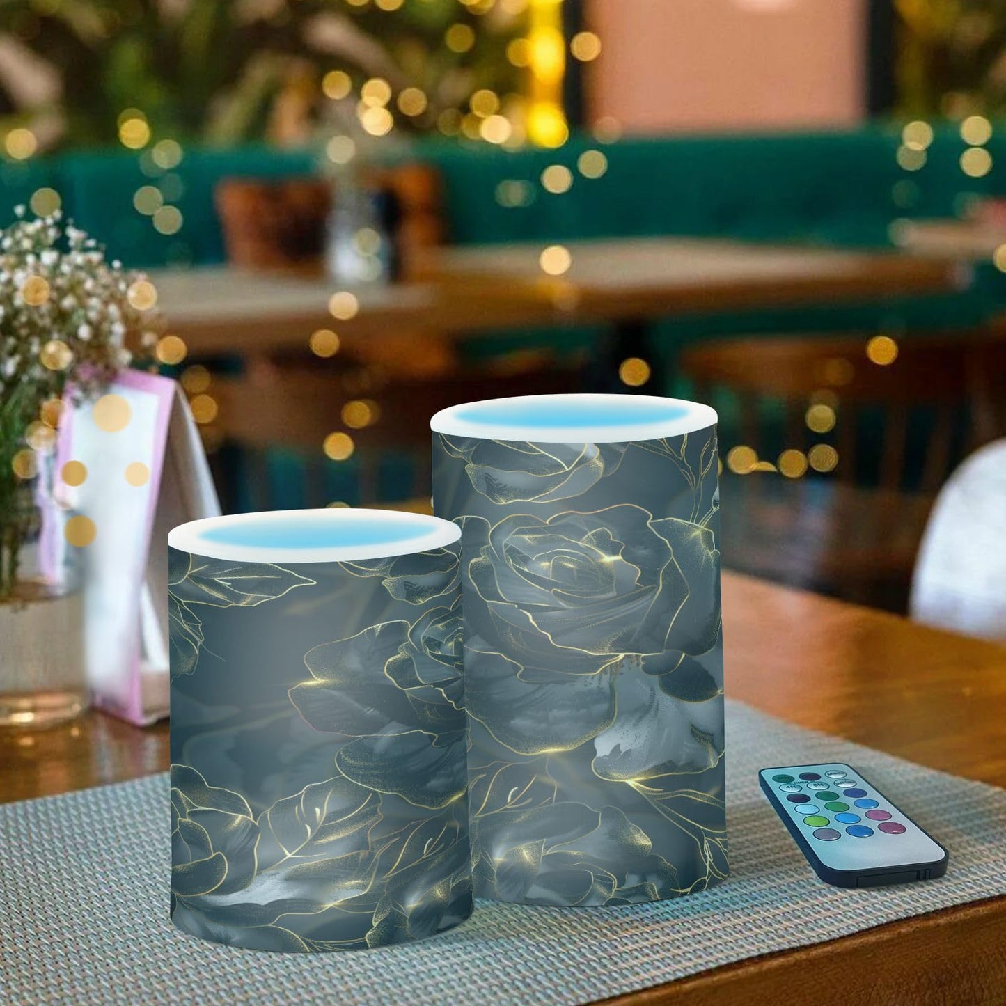 Rose Lights Flameless Candles Glitter Black Roses Pillar Candles Set of 2 Battery Operated Remote Control Warm Lights Home Decor