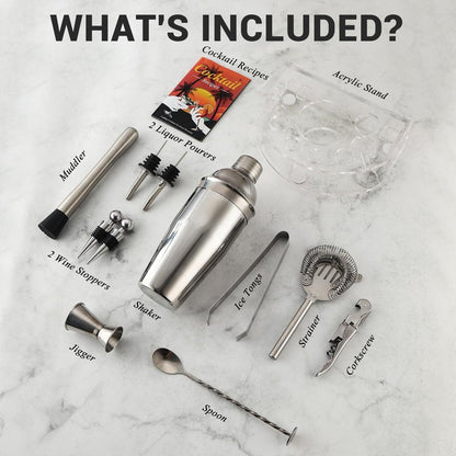 Bartender Kit Cocktail Shaker Set, Stainless Steel Cocktail Kit with 12 Piece Bar Accessories, 25oz Shaker Bar Set Drink Mixer Set with Stand Jigger Strainer Spoon Muddler for Cocktails (Silver)