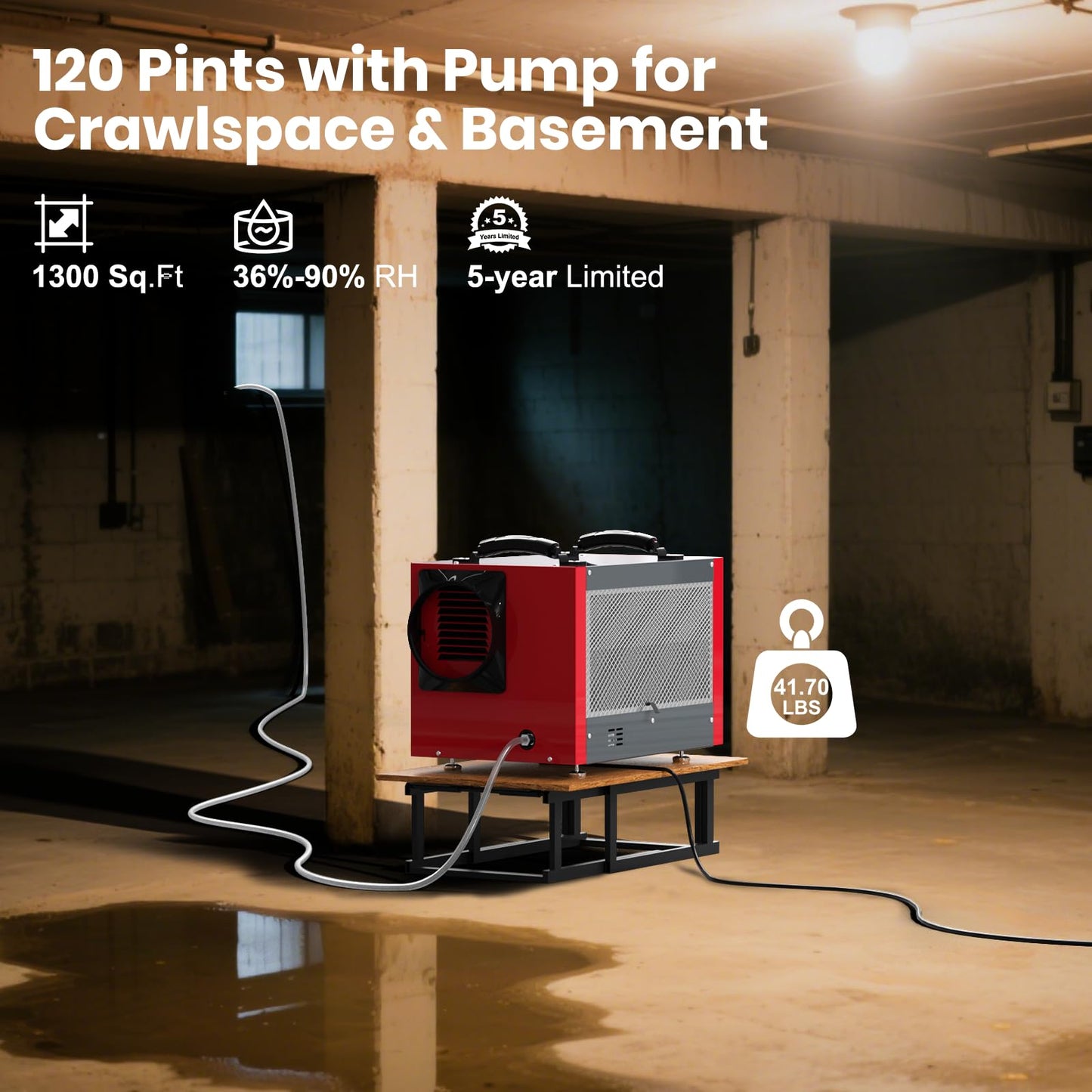 Abestorm Crawl Space Dehumidifier with Pump and Hose, 120 PPD Energy Star Commercial Dehumidifier Up to 1,300 sq. ft. for Basement, Water Damage Restoration, Auto Defrost(Guradian SNS65S)