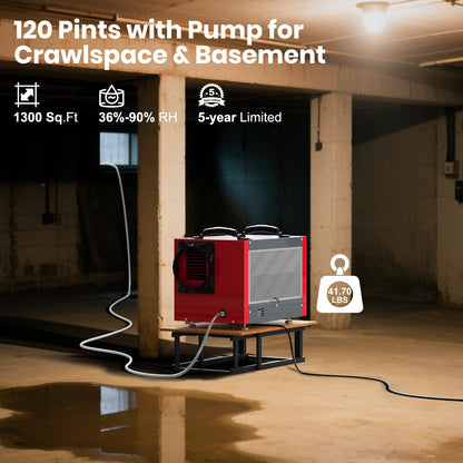 Abestorm Crawl Space Dehumidifier with Pump and Hose, 120 PPD Energy Star Commercial Dehumidifier Up to 1,300 sq. ft. for Basement, Water Damage Restoration, Auto Defrost(Guradian SNS65S)