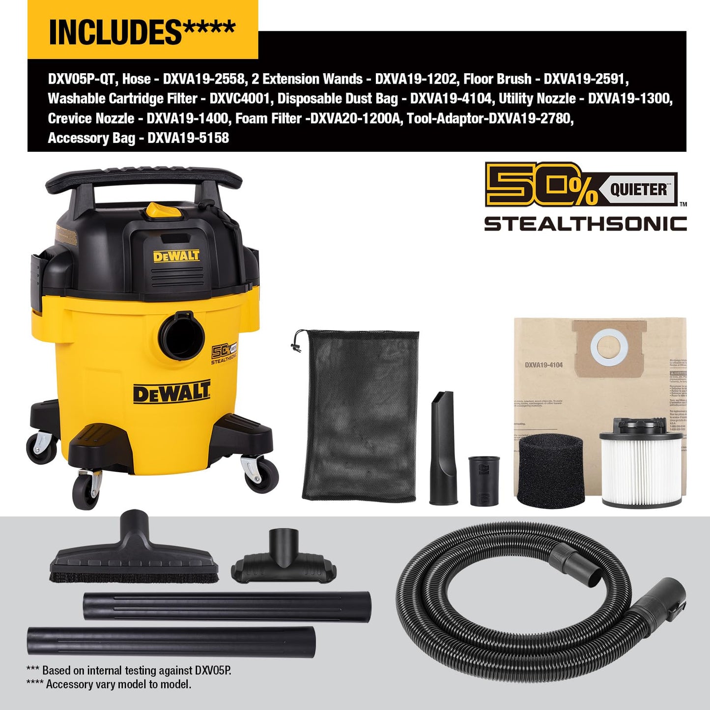 DEWALT Wet Dry Shop Vac 5 Gallon, STEALTHSONIC Ultra Quiet Shop Vacuum Wet and Dry 4 Peak HP, Powerful Suction Wet Dry Vacuum Cleaner, Portable Vacuum for Home, Garage, Workshop, Jobsite, DXV05P-QT