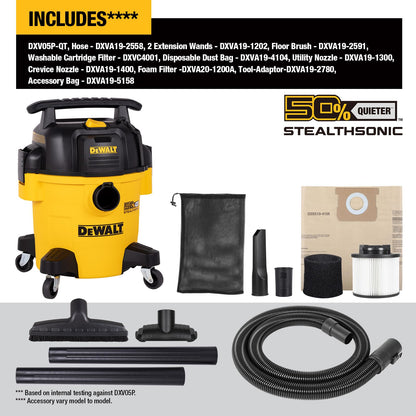 DEWALT Wet Dry Shop Vac 5 Gallon, STEALTHSONIC Ultra Quiet Shop Vacuum Wet and Dry 4 Peak HP, Powerful Suction Wet Dry Vacuum Cleaner, Portable Vacuum for Home, Garage, Workshop, Jobsite, DXV05P-QT