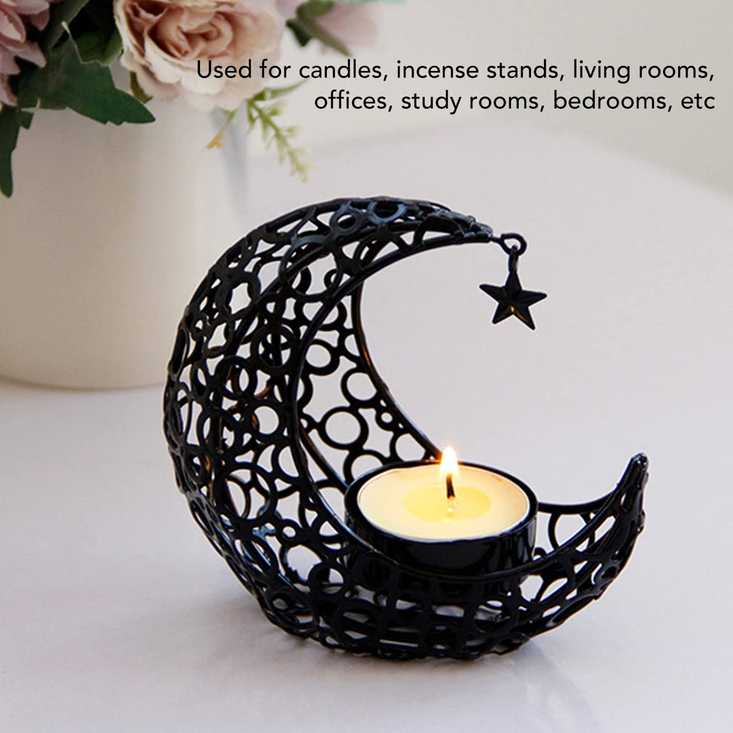 Candle Holder, Moon Candle Holder, Hollowed Iron Candle Holder, Ornament Weddings, Christmas Decoration, Dining Table, Coffee Table (Black)
