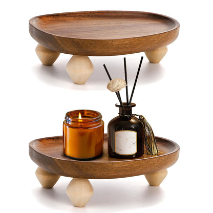 Dicunoy 2 Pack Acacia Wood Riser for Decor, 6" Small Wood Pedestal Display Stands for Kitchen Counter, Rustic Wooden Tray for Bathroom Counter, Tabletop Centerpieces, Entry Table, Farmhouse Decor