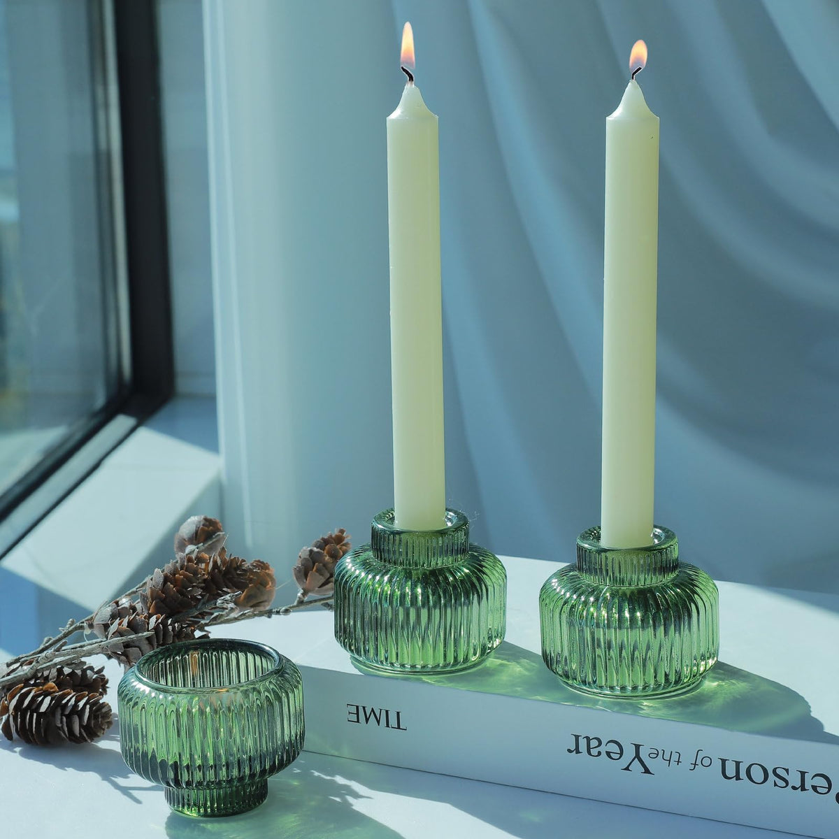 Woho Candlestick Holders Set of 4 for Taper Candles/Tea Lights, Green Ribbed Candle Sticks Holder Decor for Table Centerpiece, Reversible Taper Candle Holders Glass for Christmas Home Decoration