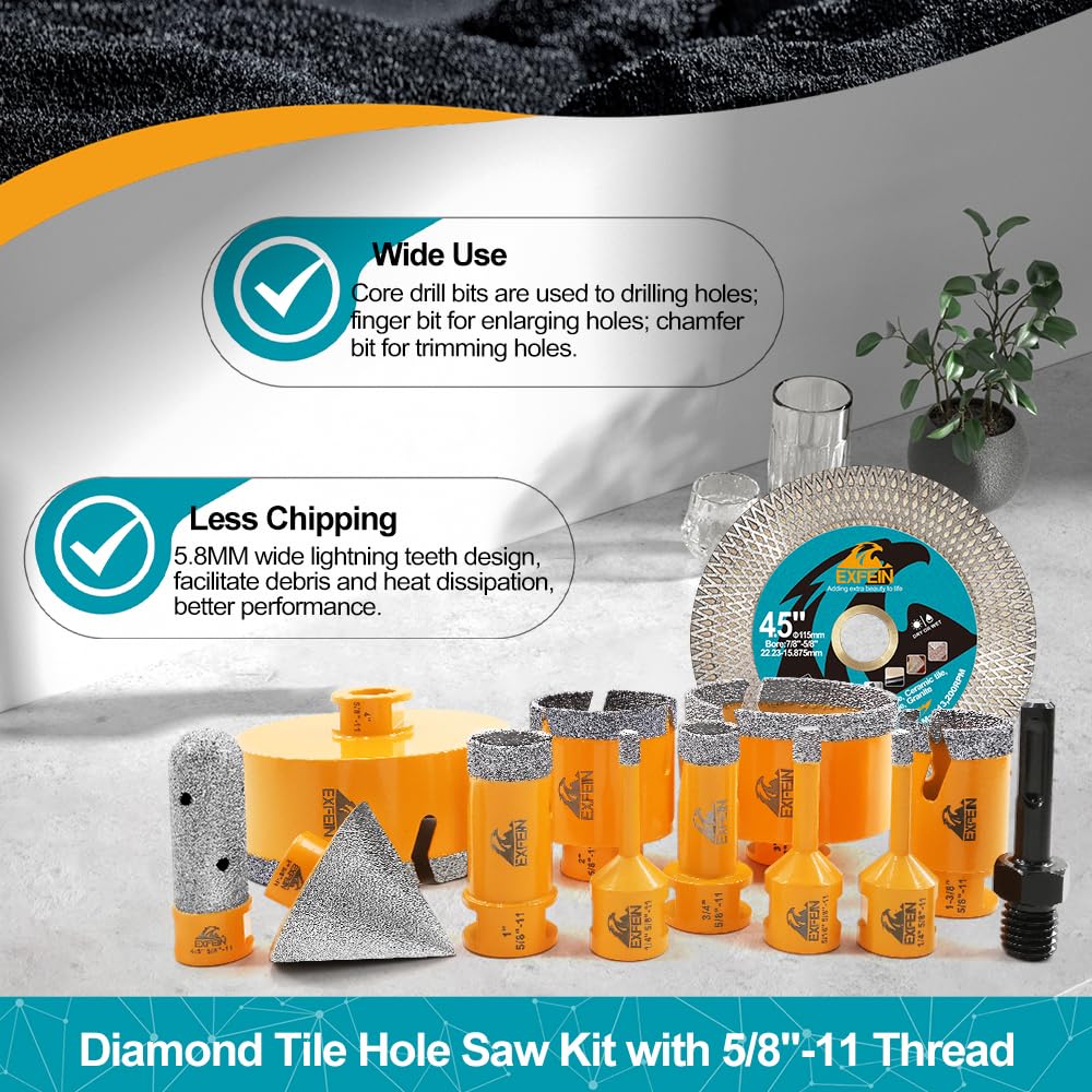 EXFEIN Tile Hole Saw Kit 13pcs - 6/6/8/19/25/35/50/75/102mm Diamond Core Drill Bits, 4/5 Inch Milling Bit + 2 Inch Chamfer Bit + Adapter + 4.5 Inch Grinding & Cutting Disc for Tile Marble Granite