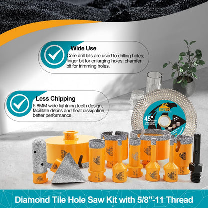 EXFEIN Tile Hole Saw Kit 13pcs - 6/6/8/19/25/35/50/75/102mm Diamond Core Drill Bits, 4/5 Inch Milling Bit + 2 Inch Chamfer Bit + Adapter + 4.5 Inch Grinding & Cutting Disc for Tile Marble Granite