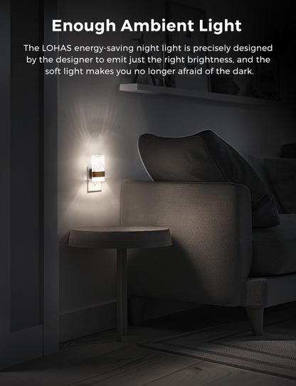 L LOHAS LED Night Lights Plug Into Wall, 2 Pack Plug in Night Light LED with Dusk to Dawn Sensor, 0-100LM Dimmable Nightlight, Wall Sconce-Style Design Nightlights for Bathroom, Hallway,Stairway,Gift