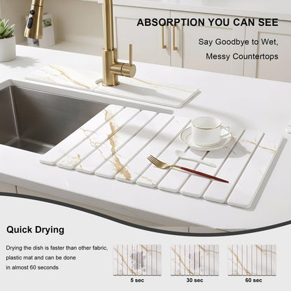 3 PCS Large Stone Dish Drying Mat for Kitchen Counter, Quick Dry Stone Dishes Mats, Sink Faucet Mat, Marble Water Absorbing Diatomaceous Earth Drying Pad for Countertop Tableware, Bottles