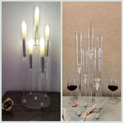 2Pcs Acrylic Candelabra Centerpieces for Wedding,Clear Crystal 5 Arm Candlesticks Holder with Acrylic Shade for Valentine's day Dinner Party Fireplace Gift Fit 0.87 LED Candle