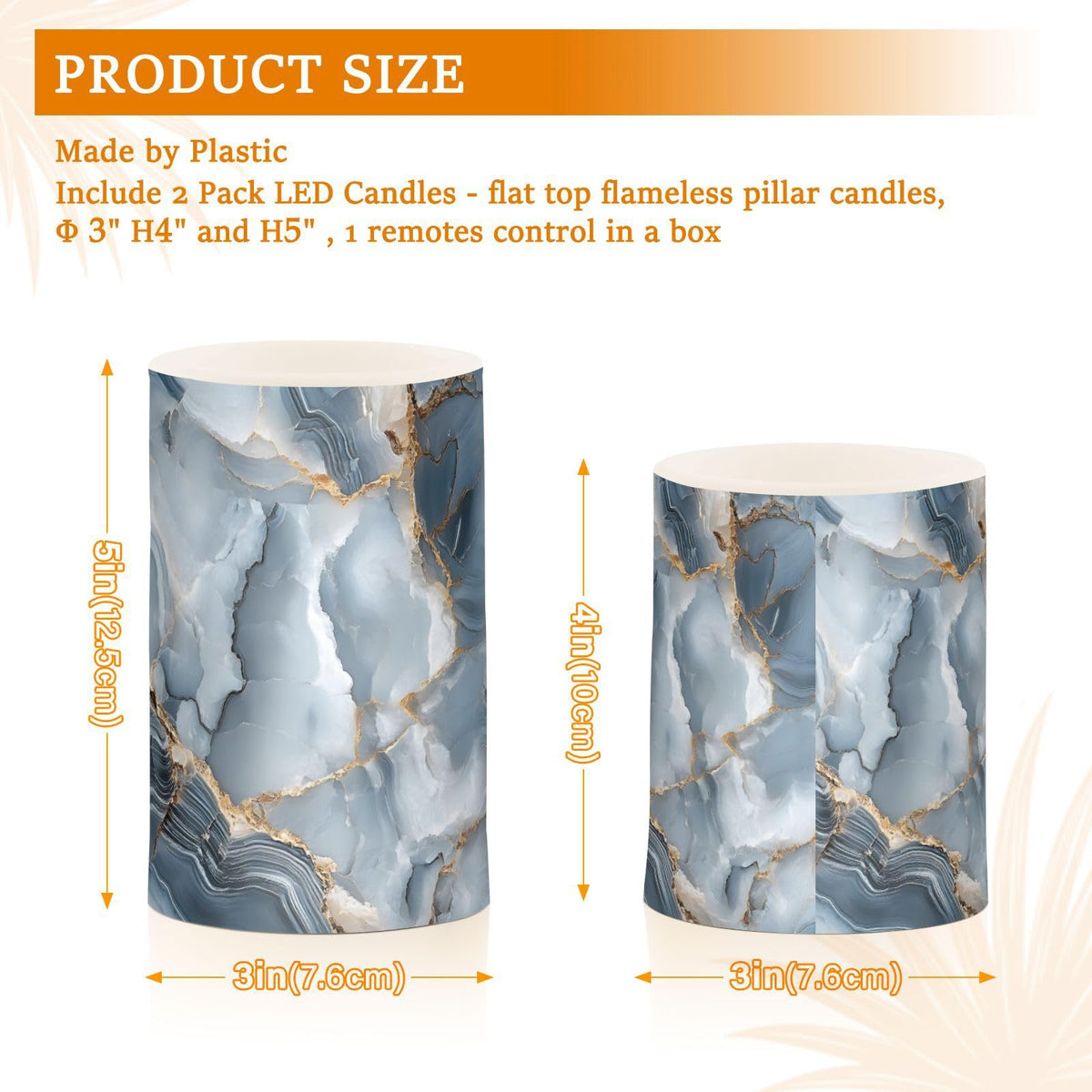 zyrtty 2 Pack Plastic Flameless Candles Dark Blue White Gold Marble Battery Operated with Remote and Timer Real Wax LED Flickering Pillar Candles Set Window Christmas Holiday Decor
