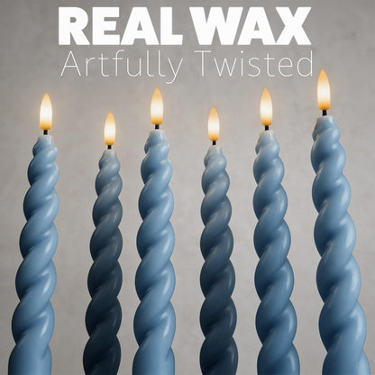 WYZworks 10" Flameless LED Taper Candles – Full Twisted Spiral – Dusty Blue, Set of 6 – Remote, 2/4/6/8-Hr Timer (24-hr Memory), Bottom On/Off Button, Dimmable, Battery Operated, Flicker/Steady