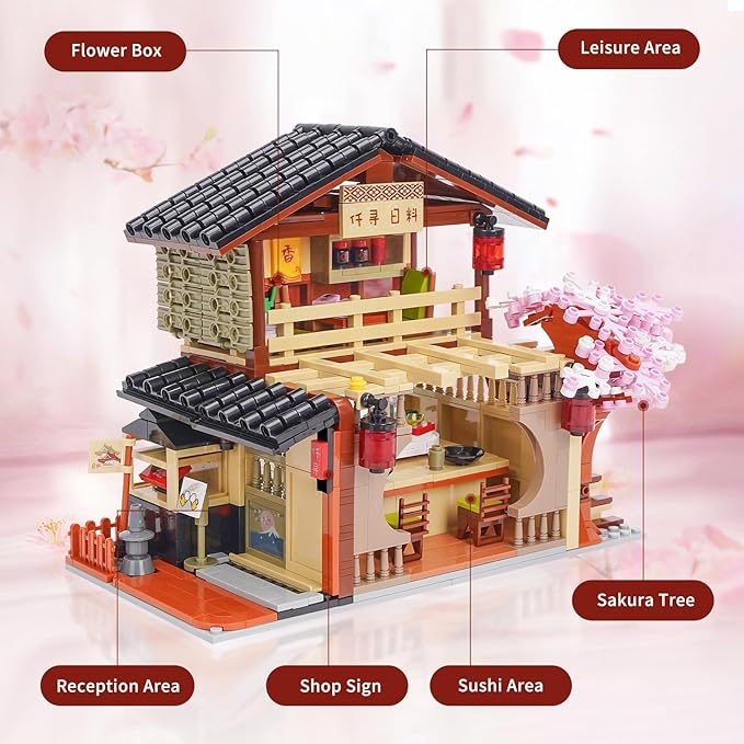 Toy Building Block Japanese Sushi Shop Model Kit Compatible with Regular Size Brick Creative Construction Shop House City View Birthday Gift for Adult Children Kids Boys Girls 8+ 763 PCS