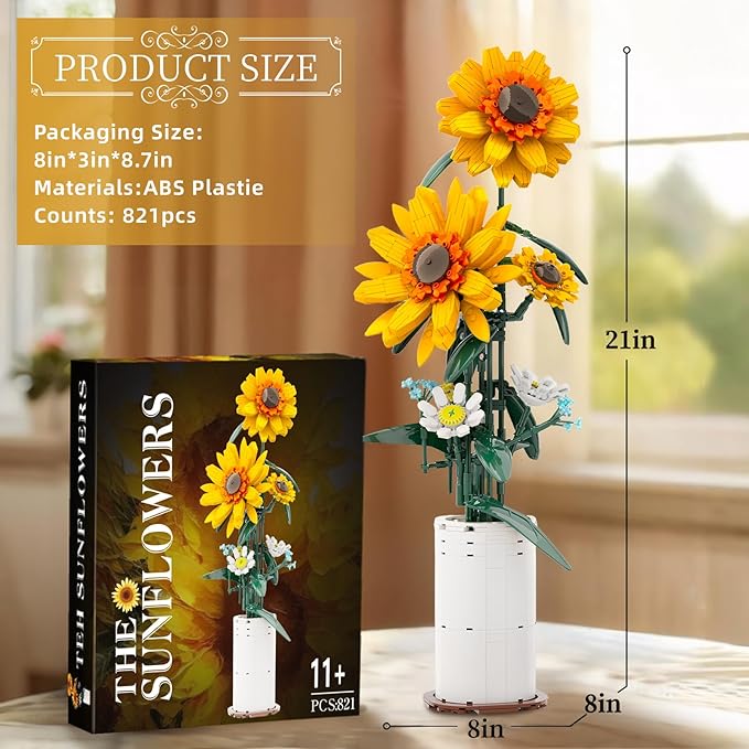 BlockPro Upgrade Sunflower Building Set for Adults Teens Botanical Collection Flower Bouquet with Vase Gift for Birthday Mother's Day Anniversary Pretty Home Decor for Flower Lovers (821pcs)