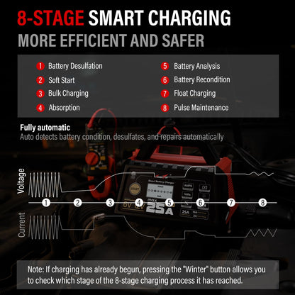 TowerTop 25A Pro+ Battery Charger, 6V/12V Car Battery Charger Fully Automatic Smart Battery Maintainer with Engine Start, Auto Desulfator, Battery Repair, for All Lead-Acid, AGM and LiFePO4 Batteries